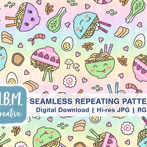 Kawaii Ramen Seamless Repeat Pattern for Commercial Use,  Cute Noodle Bowl Seamless File, Ramen Digital Download