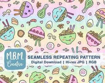 Kawaii Ramen Seamless Repeat Pattern for Commercial Use,  Cute Noodle Bowl Seamless File, Ramen Digital Download