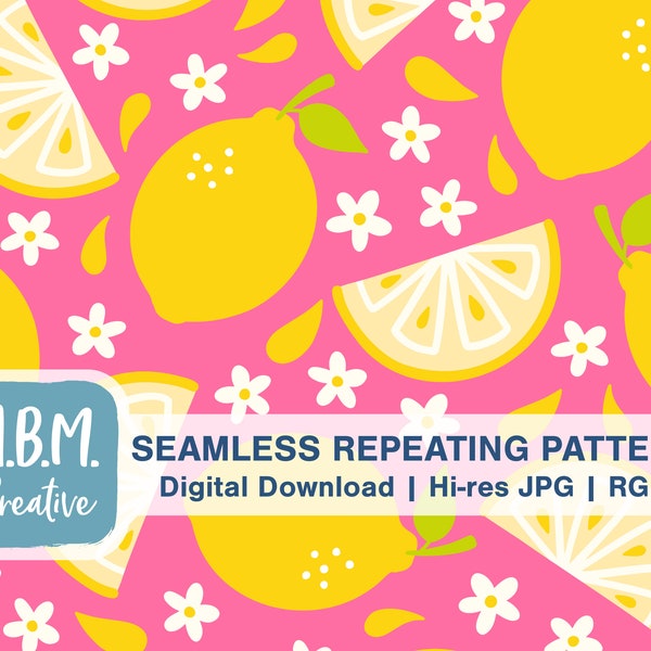 Juicy Lemons with Flowers on Pink Seamless Repeat Pattern for Commercial Use, Yellow Citrus Fruit Digital Download, Summer Seamless file