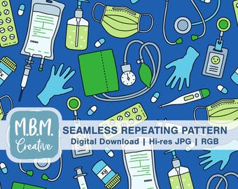 Medical Pattern on Blue Seamless Pattern Commercial Use, Cute Nurse Seamless Repeat Pattern, Healthcare Nursing Digital Pattern