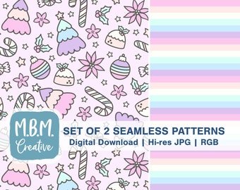 Cute Christmas Doodle & Stripe in Pastels Seamless Repeat Pattern Set Commercial Use, Kids Holiday Digital Download, Kawaii Seamless File
