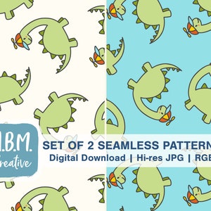 May include: Two seamless patterns featuring green dinosaurs wearing red and yellow pilot hats with propellers. The patterns are on a white and light blue background. The text "M.B.M. Creative SET OF 2 SEAMLESS PATTERNS Digital Download | Hi-res JPG | RGB" is at the bottom of the image.