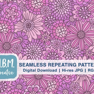 Pink & Purple Flower Outlines Seamless Repeat Pattern Commercial Use, Retro Hand Drawn Floral Seamless File, Cute Floral Digital Download
