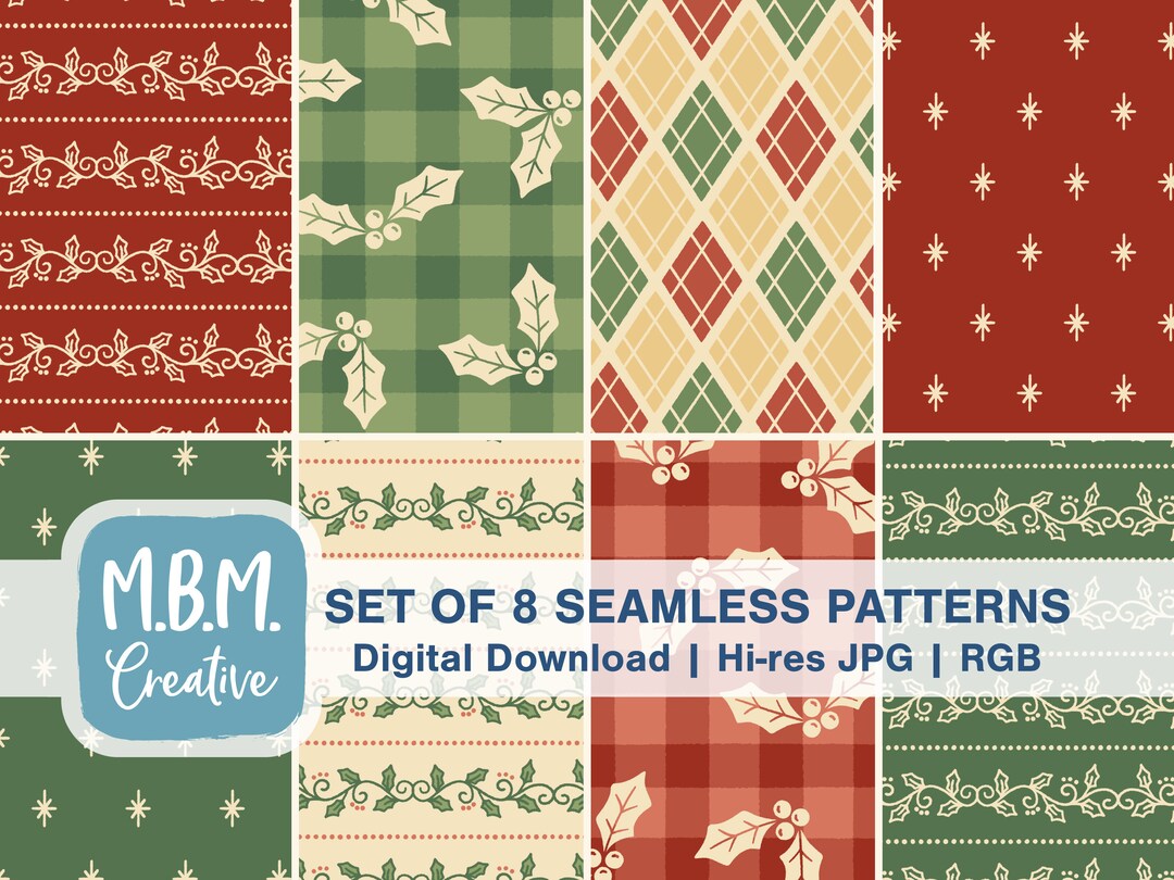 Holly Repeat Pattern Christmas Holly Set of Seamless Repeat Patterns for Commercial Use ...