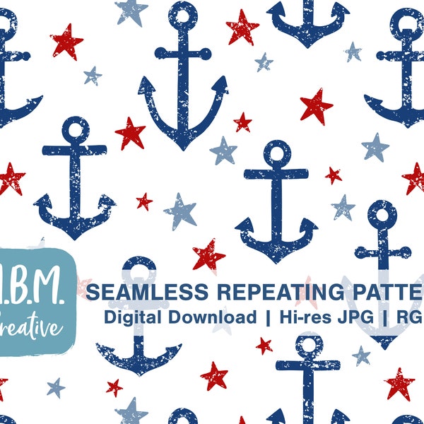 Distressed Anchors & Stars in Red White and Blue Seamless Repeat Pattern for Commercial Use, Nautical Digital Download, Anchor Seamless File