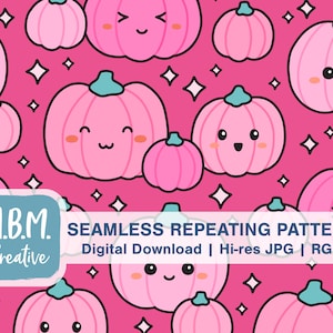 Kawaii Pumpkins on Pink Seamless Repeat Pattern Commercial Use, Fall Pumpkin Seamless File, Cute Autumn Digital Download