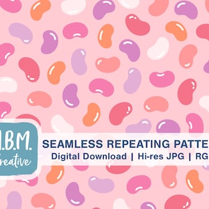 May include: A seamless repeating pattern featuring colourful jelly beans on a pink background. The pattern is perfect for crafting, scrapbooking, and other creative projects.  M.B.M. Creative - Seamless Repeating Pattern - Digital Download | Hi-res JPG | RGB