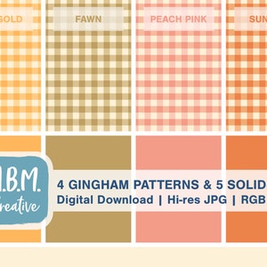 Puede incluir: Cuatro patrones de vichy en colores marigold, fawn, rosa melocotón y amanecer. Cinco colores sólidos en los mismos colores. Descarga digital, JPG de alta resolución, RGB.