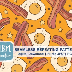 May include: A seamless repeating pattern featuring fried eggs and bacon on a yellow background. The pattern is ideal for use in digital scrapbooking, crafting, and other creative projects.