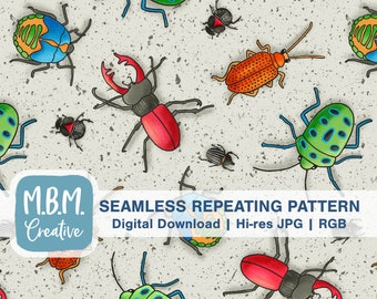 Beetles on Greige Seamless Repeat Pattern Commercial Use, Cute Kids Bugs Insects Nature Seamless File, Hand Drawn Digital Download