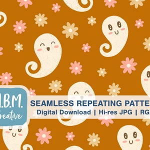 Cute Ghosts & Flowers on Orange Seamless Repeat Pattern for Commercial Use, Boho Ghost Seamless File, Cute Halloween Digital Download