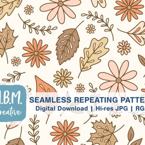 May include: A seamless repeating pattern featuring brown and orange leaves, pink and orange flowers, and small white flowers on a white background. The text "M.B.M. Creative" is in the bottom left corner of the image.  "SEAMLESS REPEATING PATTERN Digital Download | Hi-res JPG | RGB" is in the bottom centre of the image.