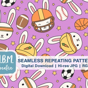 Sporty Bunnies on Purple Seamless Repeat Pattern Commercial Use, Kids Easter Sports Pattern, Cute Football Baseball Basketball Soccer