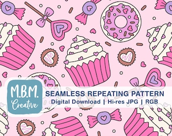 Valentine&#39;s Day Sweets in Pink & Purple White Seamless Repeat Pattern Commercial Use, Cute Dessert Seamless File, Cupcake Food Love Digital