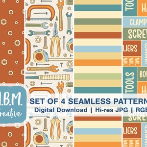 May include: Set of four seamless patterns featuring tools and hardware. The patterns include a repeating pattern of nuts and bolts, a pattern of tools, a striped pattern, and a pattern of tools with the names of the tools written in a grid.