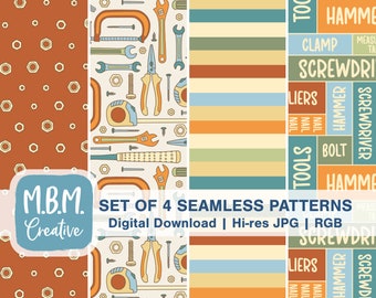 May include: Set of four seamless patterns featuring tools and hardware. The patterns include a repeating pattern of nuts and bolts, a pattern of tools, a striped pattern, and a pattern of tools with the names of the tools written in a grid.