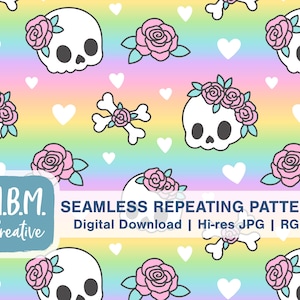 Schädel & Rosen auf Pastell Regenbogen nahtlose Wiederholungsmuster kommerzielle Nutzung, gruselig süße Knochen nahtlose Datei, spooky Halloween digitaler Download