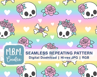 Skulls & Roses on Pastel Rainbow Seamless Repeat Pattern Commercial Use, Creepy Cute Bones Seamless File, Spooky Halloween Digital Download