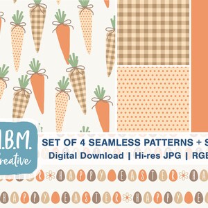 Ferme Easter Set de 4 Brown & Orange Seamless Repeat Patterns + 1 Utilisation commerciale solide, Carrot Egg Plaid Dots Digital Download Bundle