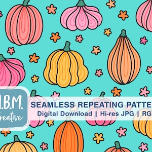 Autumn Gourds on Aqua Seamless Repeat Pattern Commercial Use, Fall Pumpkin Seamless File, Cute Autumn Digital Download