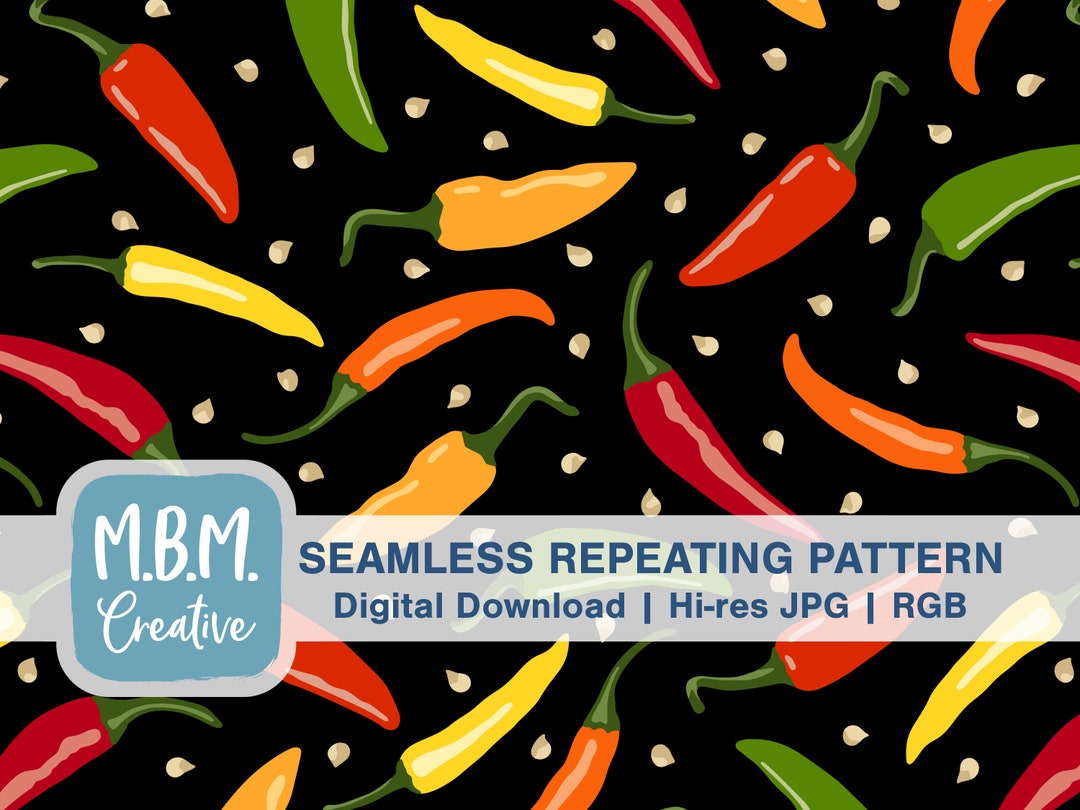 Hot Peppers on Black Seamless Repeat Pattern for Commercial Use, Spicy ...
