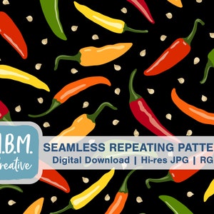 Hot Peppers on Black Seamless Repeat Pattern for Commercial Use, Spicy Vegetable Seamless File, Healthy Food Chili Pepper Digital Download