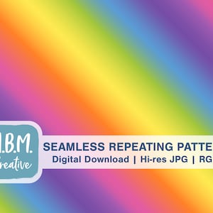 May include: A seamless repeating pattern digital download featuring a diagonal rainbow gradient in shades of purple, blue, green, yellow, orange, and red. The text "M.B.M. Creative" is in a blue square at the bottom left corner of the image. The text "SEAMLESS REPEATING PATTERN Digital Download | Hi-res JPG | RGB" is in a white rectangle at the bottom of the image.