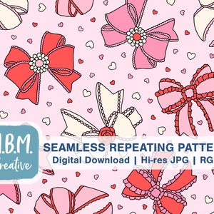 Pode incluir: Um padr&atilde;o repetido sem costuras com la&ccedil;os rosa, vermelhos e brancos com cora&ccedil;&otilde;es sobre um fundo rosa. O texto "M.B.M. Creative" est&aacute; na parte inferior da imagem. O texto "SEAMLESS REPEATING PATTERN" est&aacute; acima do texto "M.B.M. Creative". O texto "Digital Download | Hi-res JPG | RGB" est&aacute; abaixo do texto "M.B.M. Creative".