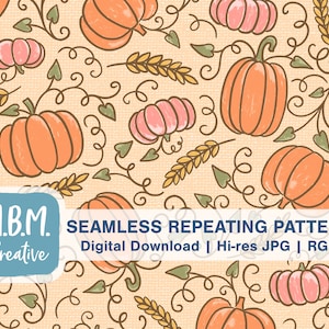 Pretty Pumpkin Patch on Peach Seamless Repeat Pattern Commercial Use, Fall Season Gourd Squash Wheat Seamless File, Autumn Digital Download