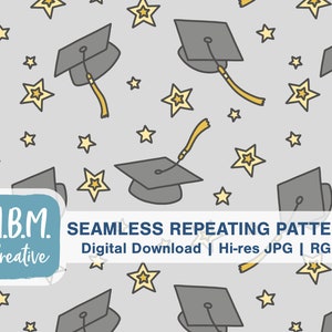Graduation Doodle with Stars on Gray Seamless Repeat Pattern Commercial Use, Celebration Party Seamless File, Grad Caps Digital Download
