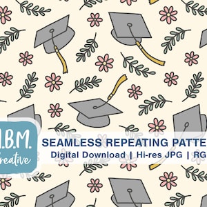 May include: A seamless repeating pattern featuring graduation caps, leaves and flowers. The background is a light yellow colour. The graduation caps are grey with a yellow tassel. The leaves are green and the flowers are pink.