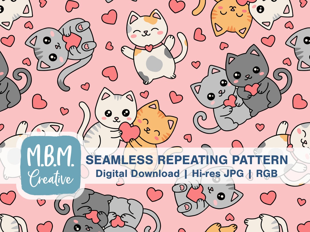 Cats & Hearts on Pink Seamless Pattern Commercial Use, Kawaii Kitty ...