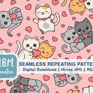 Op de afbeelding: Een naadloos herhalend patroon met schattige cartoon-katten die harten vasthouden op een roze achtergrond. Het patroon is perfect voor Valentijnsdag of elke gelegenheid waar je liefde en genegenheid wilt uitdrukken.