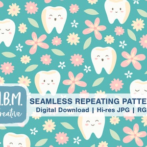 Cute Teeth & Flowers on Teal Seamless Repeat Pattern for Commercial Use, Dental Hygienist Dentist Digital Download