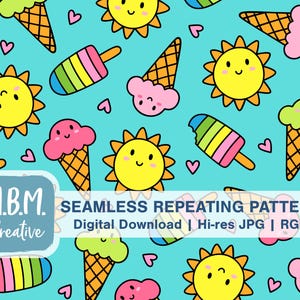 May include: Seamless repeating pattern featuring cartoon ice cream cones, popsicles, smiling suns, and hearts on a light blue background. The design includes text that reads "M.B.M. Creative" and "Seamless Repeating Pattern".