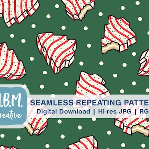 Christmas Tree Cakes on Dark Green Seamless Repeat Pattern Commercial Use, Holiday Snack Treat Digital Download, Cute Dessert Christmas File