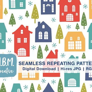 Nordic Houses Seamless Repeat Pattern: Bright Colors on White, Scandinavian Winter Village Digital Download