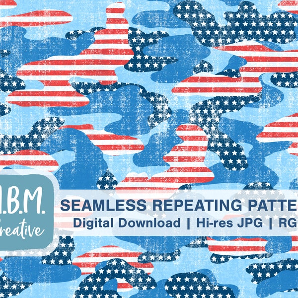 Distressed Patriotic Camouflage in Darker Brights Seamless Repeat Pattern Commercial Use, Red White Blue Star Stripes Digital Download