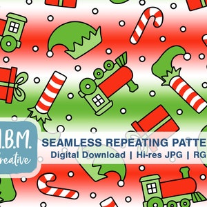 May include: A seamless repeating pattern featuring a red and green striped candy cane, a red and green train, a red gift box with a green bow, and a green elf hat. The pattern is on a white background with red and green stripes.
