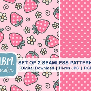 Könnte beinhalten: Zwei nahtlose Muster mit einem rosa Hintergrund mit weißen Punkten und einem rosa Hintergrund mit weißen Blumen und rosa Erdbeeren mit weißen Punkten. Der Text "M.B.M. Creative SET OF 2 SEAMLESS PATTERNS Digital Download | Hi-res JPG | RGB" wird am unteren Rand des Bildes angezeigt.
