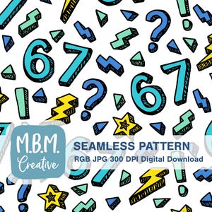 Pode incluir: Padrão sem costura com números desenhados à mão, pontos de interrogação, pontos de exclamação, estrelas e raios em azul, amarelo e verde sobre um fundo branco. A imagem inclui o texto "M.B.M. Creative" e "Seamless Pattern".