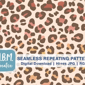 May include: A seamless repeating pattern featuring a leopard print design in shades of brown, pink, and orange on a light pink background. The pattern is perfect for use in digital projects, such as scrapbooking, card making, and website design.