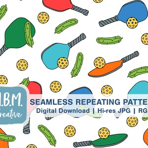 May include: A seamless pattern featuring pickleball paddles, pickles, and pickleballs. The paddles are in various colors, including blue, green, orange, and red. The pickles are green and the pickleballs are yellow.