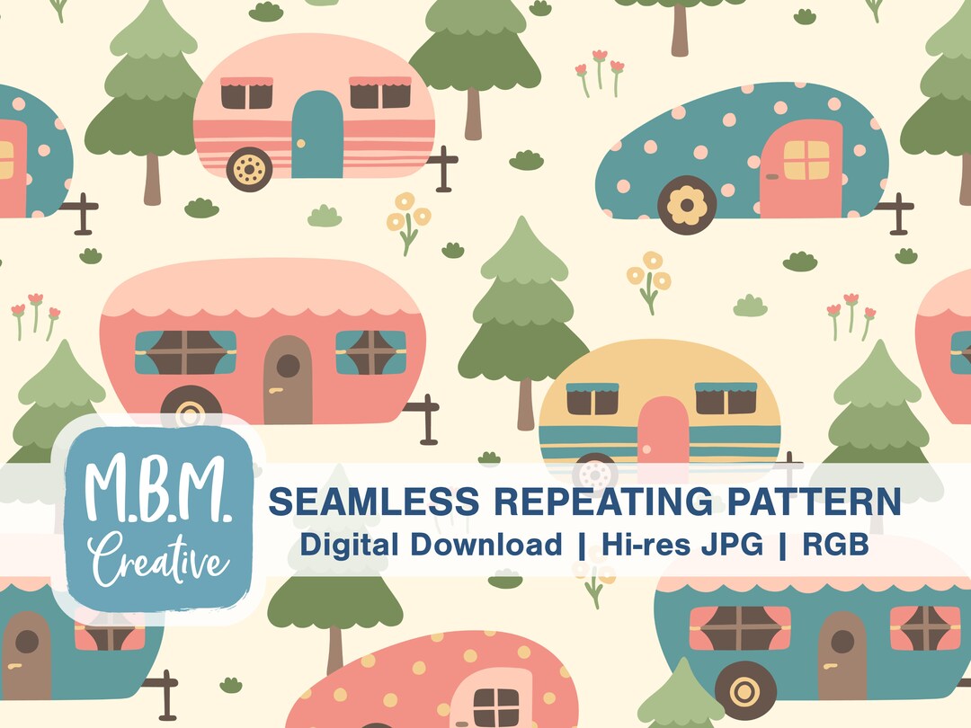 Printable Camper Pattern Cute Campers in Bold Colors Seamless Repeat Pattern for Commercial Use ...