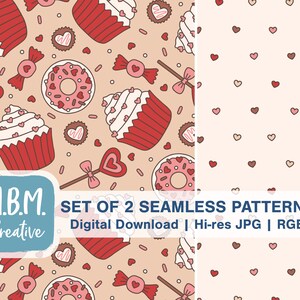 Valentine's Day Sweets in Red & Coordinating Heart Seamless Repeat Pattern Set Commercial Use, Cute Dessert Bundle Digital Download