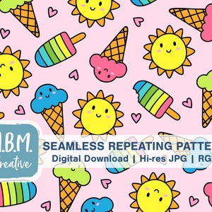 May include: Seamless repeating pattern featuring cartoon ice cream cones, popsicles, smiling suns, and hearts on a pink background. The design includes the text "M.B.M. Creative" and "Seamless Repeating Pattern".