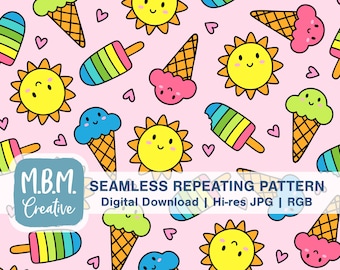 Cute Summer on Pink Repeat Pattern Commercial Use, Cute Colorful Kids Vacation Seamless File, Kawaii Ice Cream Popsicle Sun Digital Download