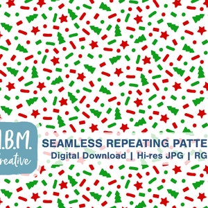 May include: A seamless repeating pattern featuring red stars, green Christmas trees, red and green confetti, and red and green lines on a white background. The text "M.B.M. Creative" is in the bottom left corner.