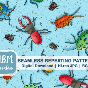 Beetles on Blue Seamless Repeat Pattern Commercial Use, Cute Kids Bugs Insects Nature Seamless File, Hand Drawn Digital Download