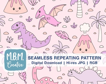 Kawaii Dinos on Pink Seamless Repeat Pattern Commercial Use, Cute Kids Seamless File, Baby Dinosaur Digital Download